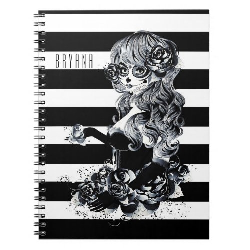 Black  White Striped Pretty Sugar Skull Girl Notebook