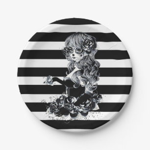 Black & White Striped Pretty Sugar Skull Girl Paper Plates