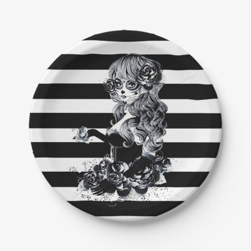 Black  White Striped Pretty Sugar Skull Girl Paper Plates