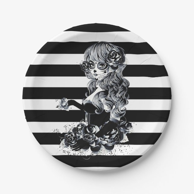Black & White Striped Pretty Sugar Skull Girl Paper Plates (Front)