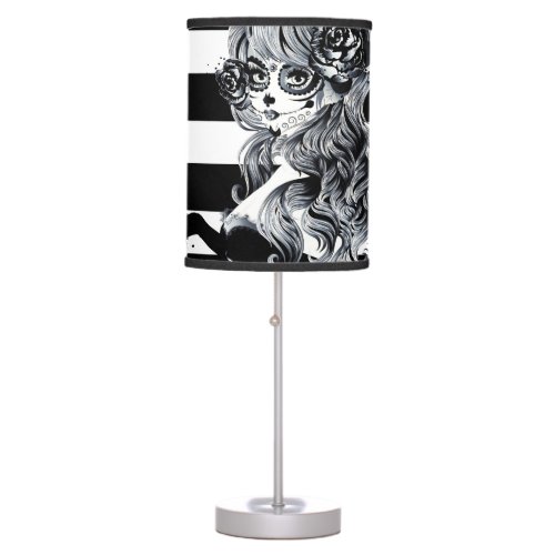 Black  White Striped Pretty Sugar Skull Girl Table Lamp