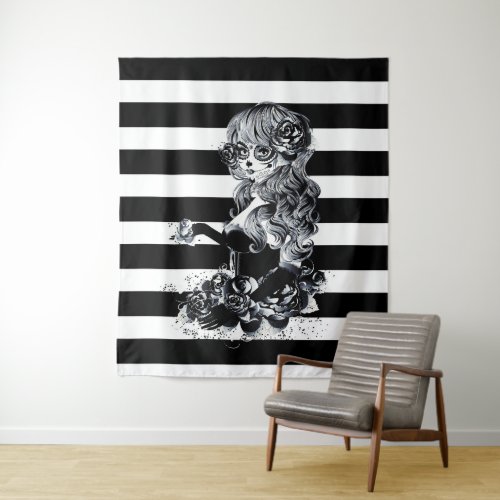 Black  White Striped Pretty Sugar Skull Girl Tapestry