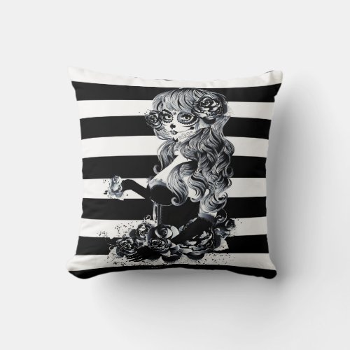 Black  White Striped Pretty Sugar Skull Girl Throw Pillow