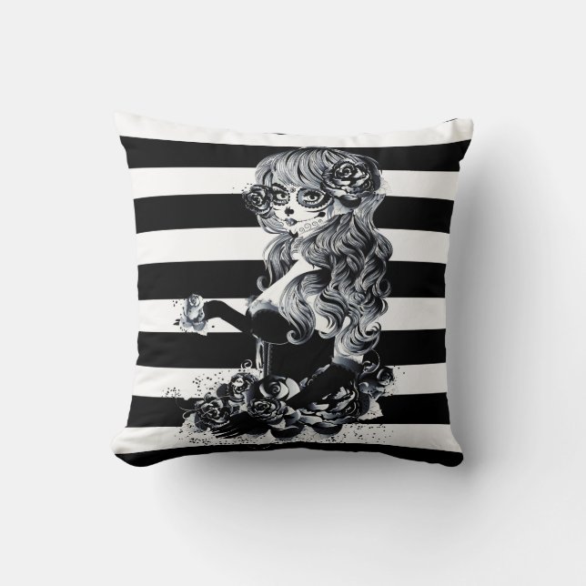 Black & White Striped Pretty Sugar Skull Girl Throw Pillow (Front)