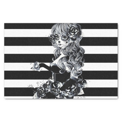 Black  White Striped Pretty Sugar Skull Girl Tissue Paper