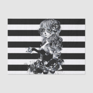 Black & White Striped Pretty Sugar Skull Girl Tissue Paper