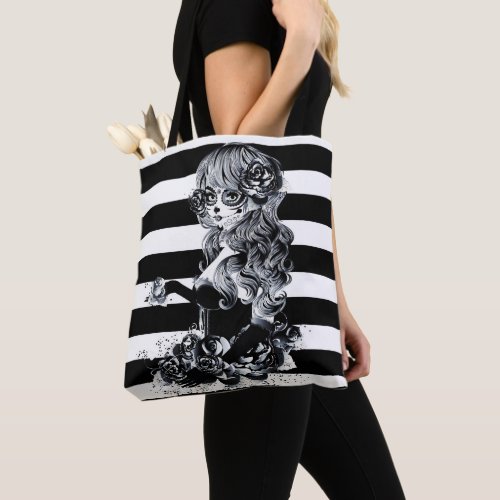 Black  White Striped Pretty Sugar Skull Girl Tote Bag