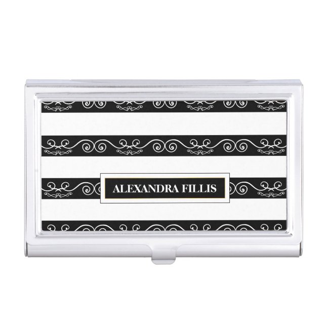 Black White striped Professional Business Card Case (Front)