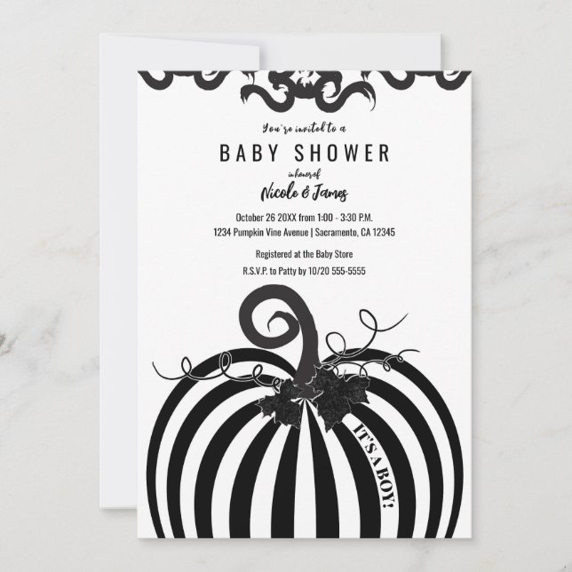 Black & White Striped Pumpkin Autumn Baby Shower Invitation (Front)