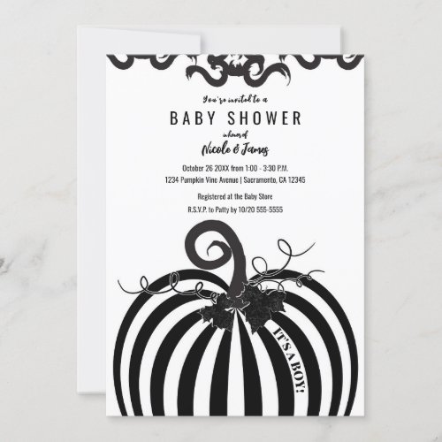 Black  White Striped Pumpkin Autumn Baby Shower Invitation