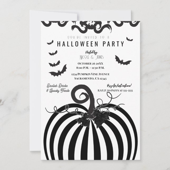 Black White Striped Pumpkin & Bats Halloween Party Invitation (Front)