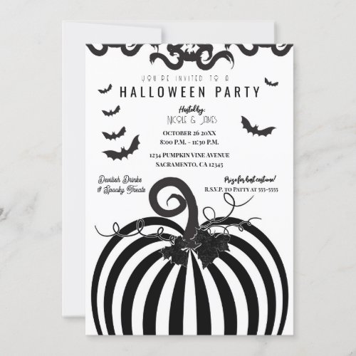 Black White Striped Pumpkin  Bats Halloween Party Invitation