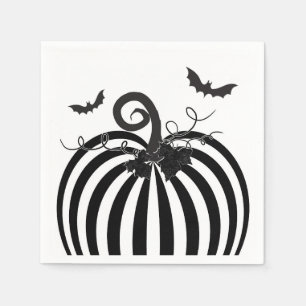 Black White Striped Pumpkin & Bats Halloween Party Napkins