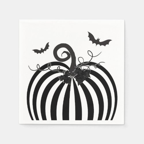 Black White Striped Pumpkin  Bats Halloween Party Napkins