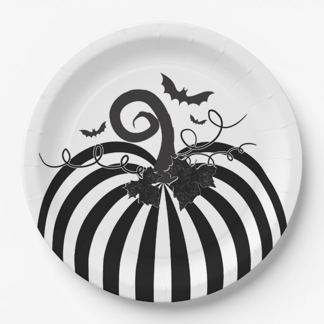 Black White Striped Pumpkin & Bats Halloween Party Paper Plates (Front)