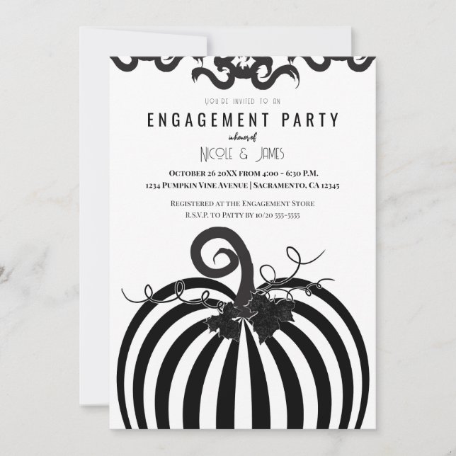 Black White Striped Pumpkin Fall Engagement Party Invitation (Front)