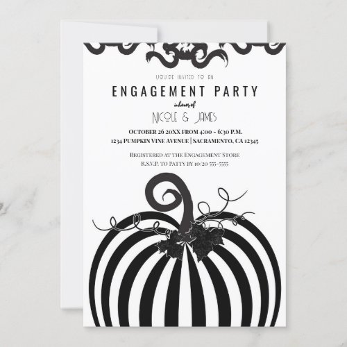 Black White Striped Pumpkin Fall Engagement Party Invitation