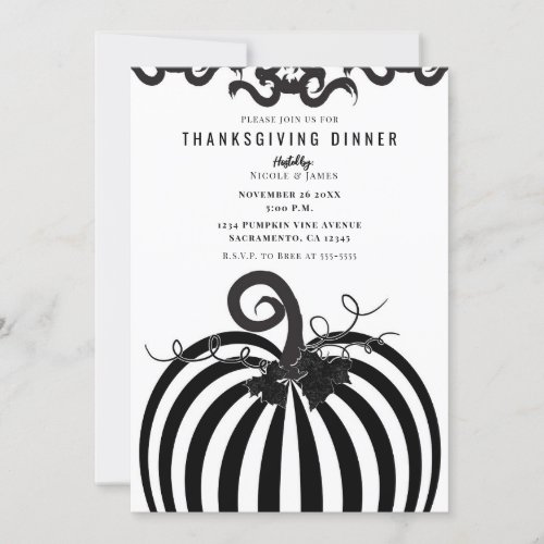 Black White Striped Pumpkin Thanksgiving Dinner Invitation
