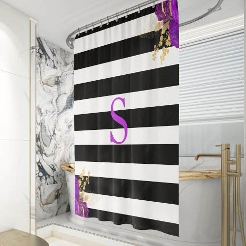 Black White Striped Purple Gold Floral Monogram Shower Curtain