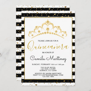 Black & White Striped Quinceanera with Tiara Invitation