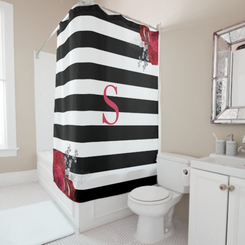 Black White Striped Red Silver Floral Monogram Shower Curtain