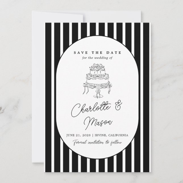 Black White Striped Save the Date Invitation (Front)