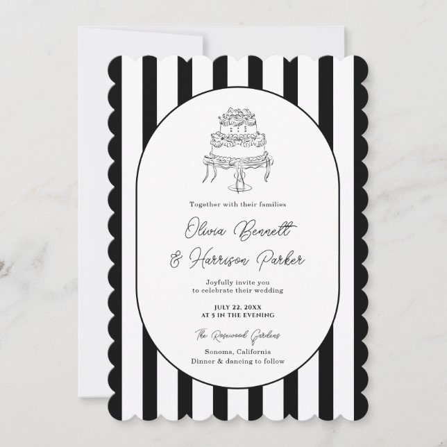 Black White Striped Scalloped Wedding Invitation (Front)