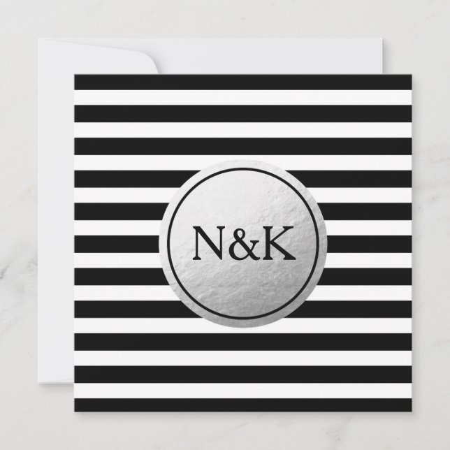 Black White Striped Silver Foil Wedding Invitation (Front)