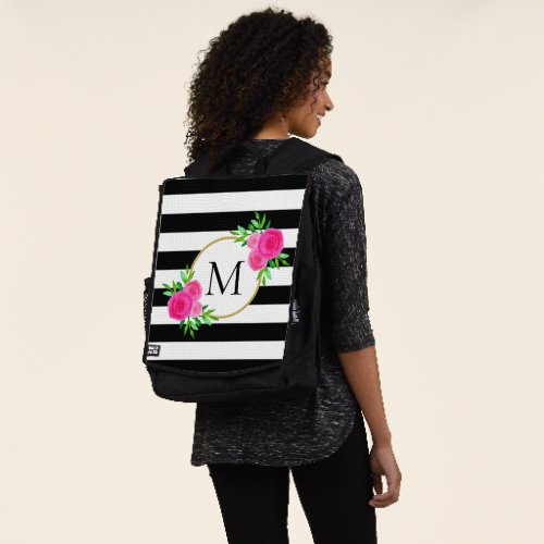 Black White Striped Stylish Pink Floral Monogram Backpack