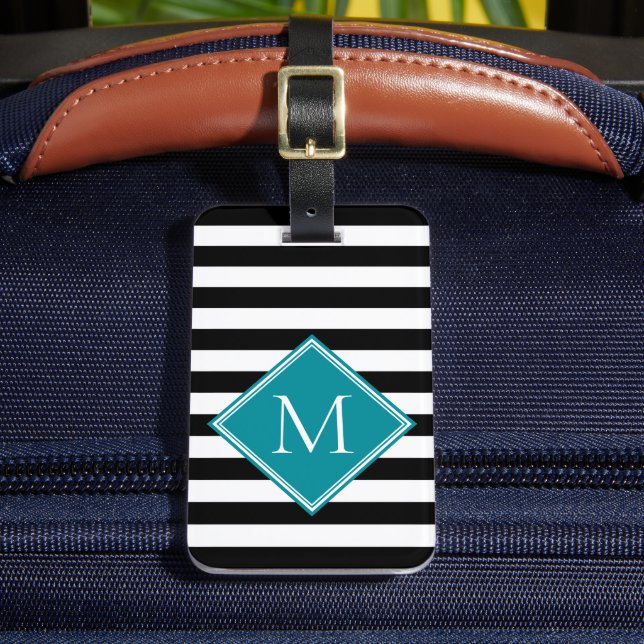 Black White Striped Teal Diamond Monogram Luggage Tag (Front Insitu 2)