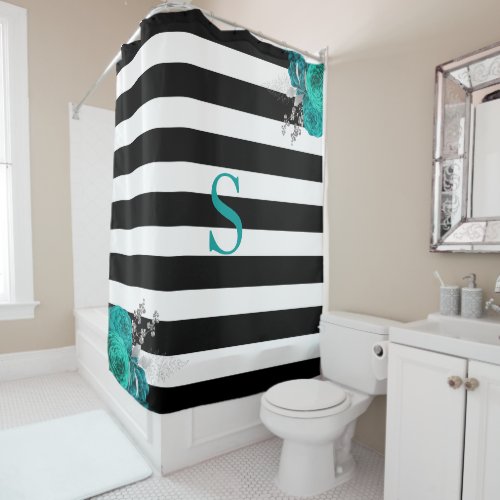Black White Striped Teal Silver Floral Monogram Shower Curtain
