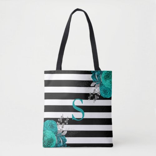 Black White Striped Teal Silver Floral Monogram Tote Bag