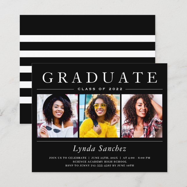 Black White Striped Three Photo Graduation Invitat (Front/Back)