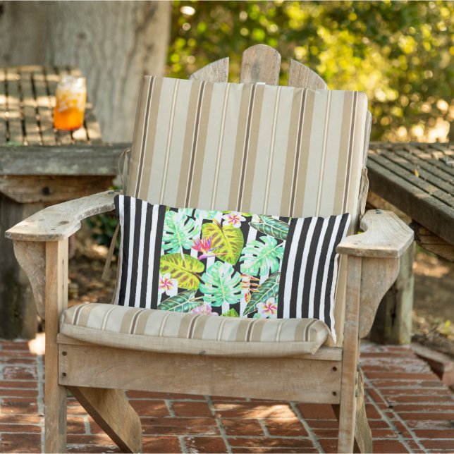 Black & White Striped Tropical Throw Pillow (Chair)