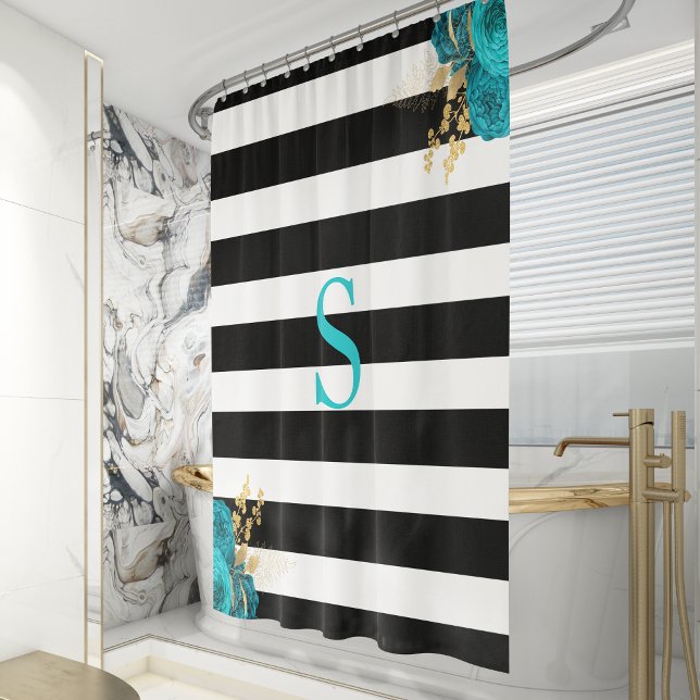 Black White Striped Turquoise Gold Floral Monogram Shower Curtain (Creator Uploaded)