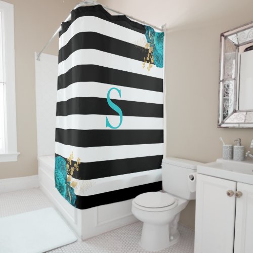 Black White Striped Turquoise Gold Floral Monogram Shower Curtain