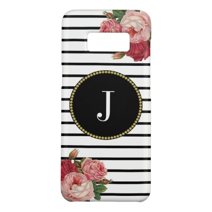 Black White Striped Vintage Pink Floral Monogram Case-Mate Samsung Galaxy S8 Case