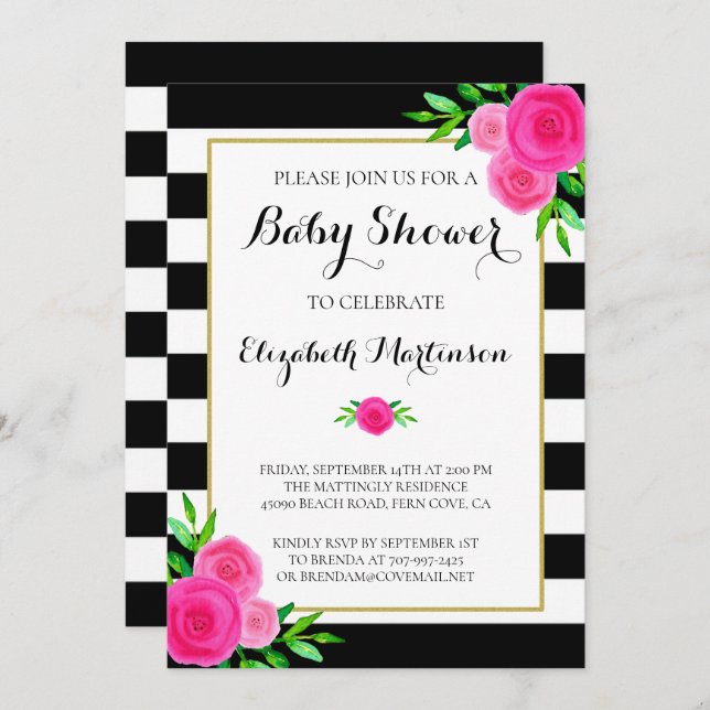Black White Striped Watercolor Floral Baby Shower Invitation (Front/Back)