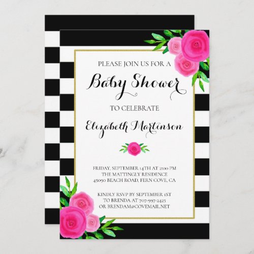 Black White Striped Watercolor Floral Baby Shower Invitation