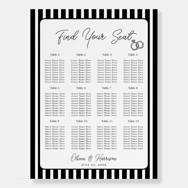 Black White Striped Wedding Seating Chart Foam Board (Front)