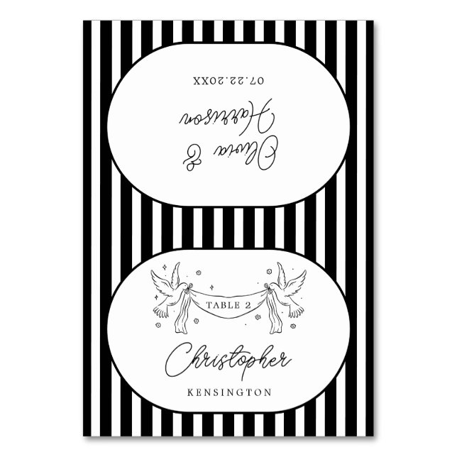 Black White Striped Whimsical Wedding Place Cards (Front)