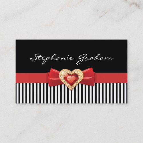 Black white striped with red bow and jewel business card