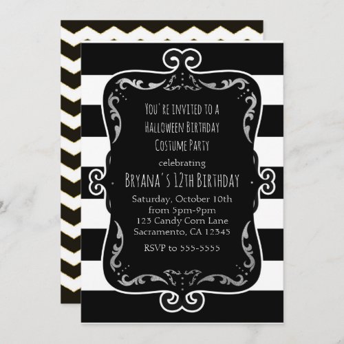 Black  White Striped with Silver Whimsical Party Invitation
