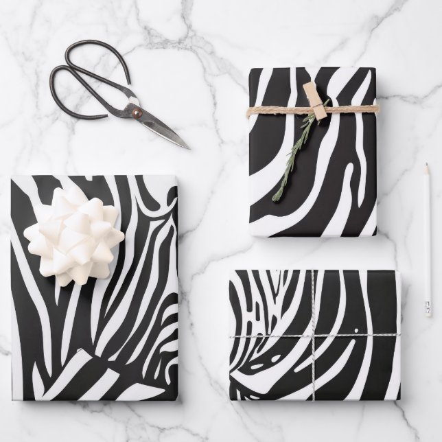 Black White Striped Zebra Pattern Wrapping Paper Sheets (Front)