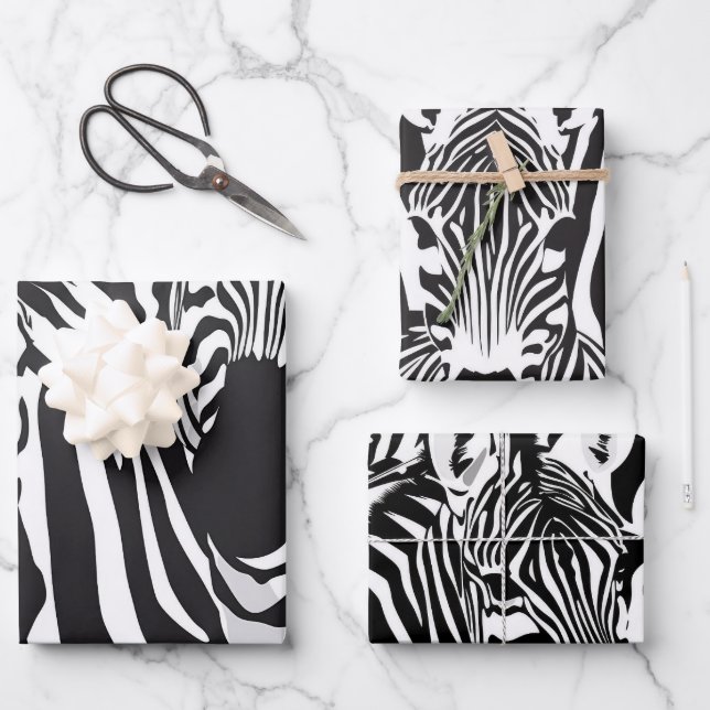 Black White Striped Zebra Pattern Wrapping Paper Sheets (Front)