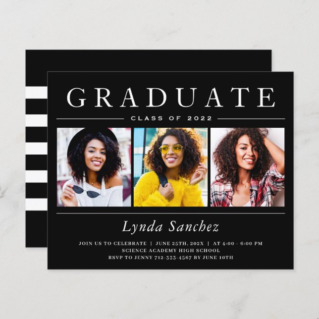 Black White Stripes 3 Photo Graduation Invitations (Front/Back)