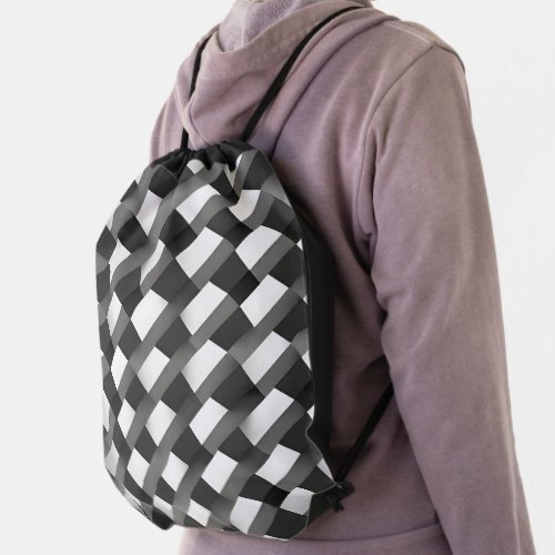 Black  White Stripes  3D Cubes Drawstring Bag