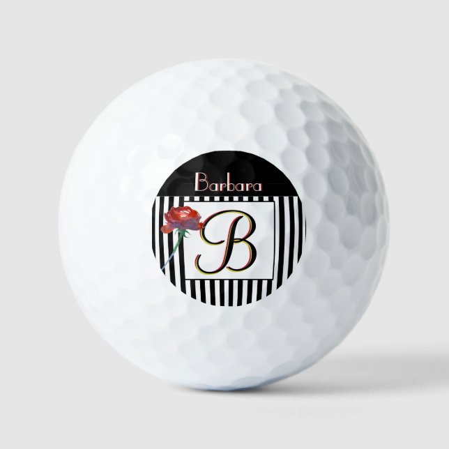 Black White Stripes a Rose 3 Color Monogram  Golf  Balls (Front)