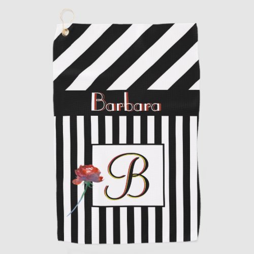 Black White Stripes a Rose 3 Color Monogram  Golf Towel