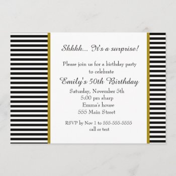 Black White Stripes Adult Birthday Invitation by pinkthecatdesign at Zazzle